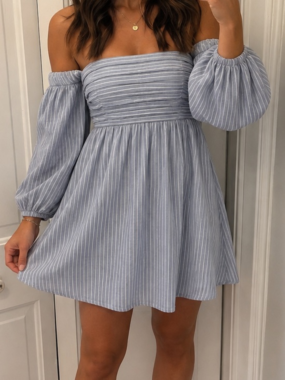 Abercrombie & Fitch Light Blue Striped Off-Shoulder Mini Dress